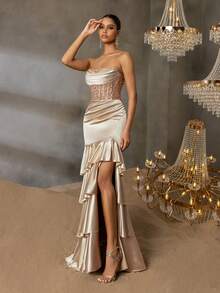 Faeriesty 奢华缎面露肩晚礼服，饰有亮片细节 - 闪亮亮片紧身胸衣，多层荷叶边缎面裙 - 生日女士服装，适合庆典、婚礼、舞会和高端颁奖典礼 - 香檳色 - 查看 7