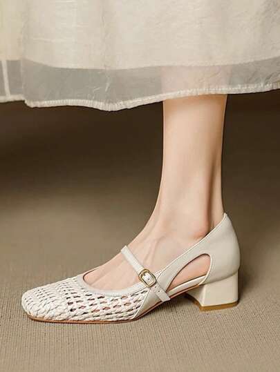 French Cream Square Toe Woven Hollow Mary Jane High Heels For Women, Fashionable Versatile Strap Design, Spring/Summer 2025 New