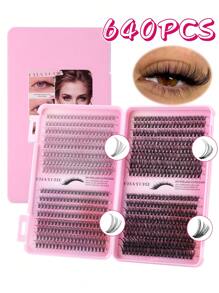 640-Piece Premium Mixed-Style 10D-100D False Eyelash Kit (Includes Adhesive, Tweezers And Brush) - Effortless DIY For Beginners, Achieving A Natural, Voluminous Look - D-Shaped Curl, Reusable - Cat-Eye And Cluster Styles, Lengths 10-18mm