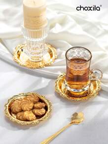choxila 1pc/6pcs Metal Trays With Rack, Round Coasters With Stand, Decorative Plates With Holder, Cake Fruit Dessert Nut Mini Tray, Desktop Metal Cup Mats, For Bar, Home, Kitchen, Coffee Table Decoration (Gold)