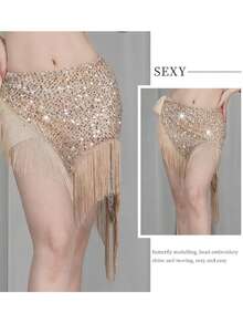 1pc Sexy Asymmetrical Wave Tassel Shiny Sequined Waist Skirt Belly Dance Performance Hip Scarf For Women