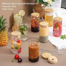 Glass Cups With Lid And Straw, 16oz Beer Glasses Glass Coffee Cups, Iced Coffee Cups With Lid, Glass Tumbler With Straw And Lid (2 PACK) - 2 Glasses + 2 Straws + 2 Lids - View 3