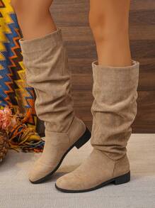 Plus Size Western Style Knee High Boots, Okrągły Nosek Płaski Obcas Jednolity Kolor Wciągane Buty Do Połowy Łydki, Składane Wysokie Buty Na Obcasie Klockowym, Oversized Warm Lining Snow Boots