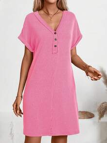女士罗纹V领纽扣短袖休闲宽松连衣裙，夏季 - 玫紅 - 查看 4