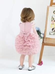 Baby Girls' Pink Cap Sleeve Bow Tie Elegant Party Tulle Cake Dress, Princess Dress Suitable For Baby's 1st Birthday Party, Wedding, Banquet, Luxury Flower Girl Dress - Pink - View 5