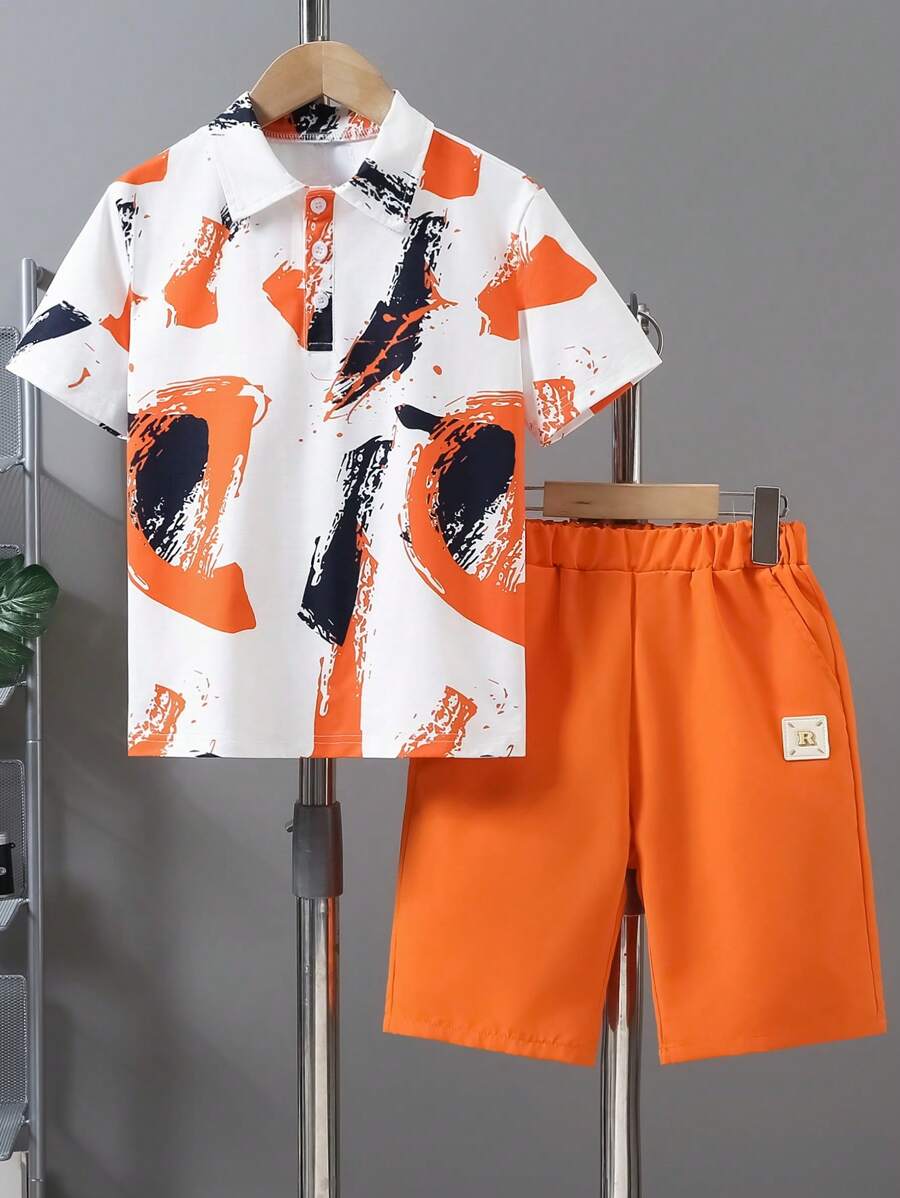Tween Boy Printed Polo Collar Short Sleeve Knee Length Shorts Set