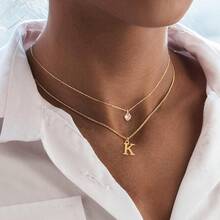 2 件套简约经典心形人造水晶吊坠金色不锈钢多层链条项链女士