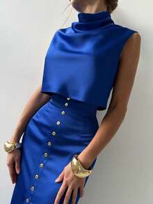 女士优雅缎面衬衫和中长裙套装，适合夏季日常穿着和工作场合。 - 寶藍色 - 查看 4