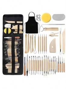 42pcs/Set Clay Sculpting Tools, Includes Ceramic Sculpting Knife, Apron, Clay Shaping Tools, Detailing Needles, Storage Bag