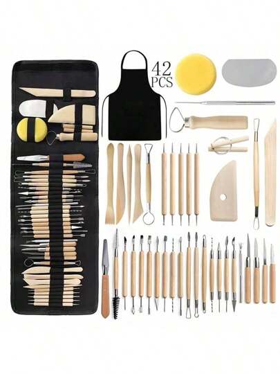 42pcs/Set Clay Sculpting Tools, Includes Ceramic Sculpting Knife, Apron, Clay Shaping Tools, Detailing Needles, Storage Bag
