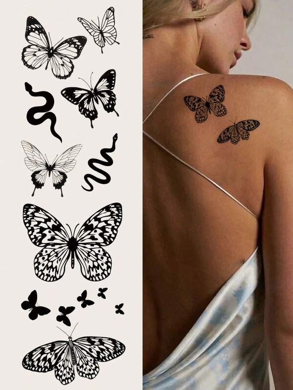 2pcs Black Fake 3D Butterfly Snake Design Temporary Tattoo Stickers, Unisex Daily, Party, Holiday Gift Body Decoration For Finger, Wrist, Ear, Shoulder, Neck, Collarbone