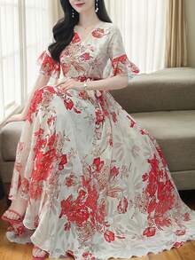 Elegant Women's Floral Dress - Lotus Leaf Sleeves, Tie Bow, Temperament V-Neck - Summer Romantic Bohemian Style Long Printed Skirt