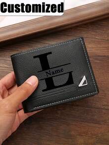 Customized Men's Short Wallet In Solid Color With Letter Print, Made Of PU Leather, PU Simple Bifold Multi-Card Slots Wallet, Personalized Gift For Brother, Father, Boyfriend, Anniversaries, Father's Day, And Christmas, Valentine's Day, Cute, Adorable, Contracted, Funny, Kawaii, Y2K, Minimalist, Commuting, Business Casual, Basics, For Anniversaries, For Birthdays, For Holiday/ Vacation, For Outdoors/Outings/Travel/Hiking/Stadium/Sports/Climbing, For Business/Commute/Work/Office, Customized Wallets & Cardholders,Chic Autumn, Urban Chill, Vintage - Multicolor - View 2