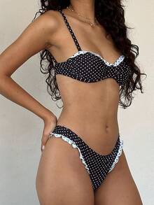Alyweatry Women Y2K Bikinis Sets Coquette Aesthetic Bows Halter Tie Up Bikini Top High Cut Elastic Waist Bikini Bottom - 黑色波爾卡 - 查看 2