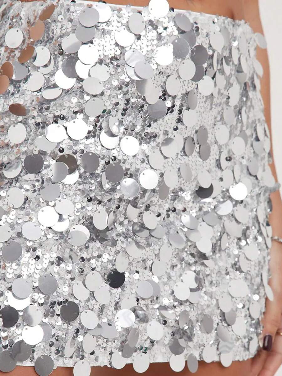 Women's Sparkly Sequin Mini Skirt Mid Rise Slim Fit Bodycon Short Skirt For Party, Work - White - View 1