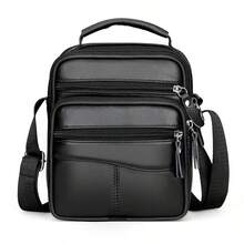 Men Casual Multi-Functional Genuine Leather Adjustable Strap Shoulder Bag, Black - Black - View 6