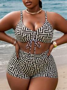 Slaydiva Conjunto de bikini de talla grande de 3 piezas con estampado geométrico all over para playa de verano