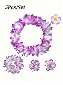 5 件/套，夏威夷花环头带腕带鸡蛋花发夹热带卢奥项链头饰手链花发夹发带女士婚礼夏季海滩生日装扮派对装饰用品