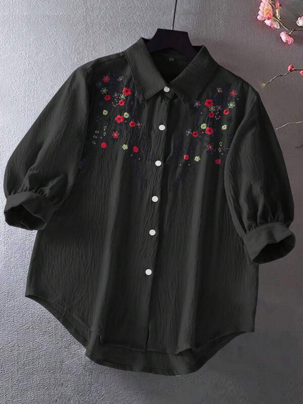 Women Casual Embroidery Mid-Sleeve Blouse