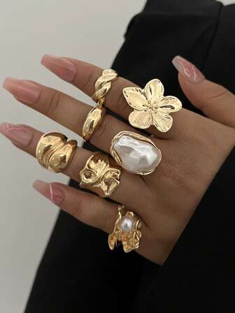 12/7/6/3pcs Set Oversized Textured Floral, Faux Pearl, Asymmetrical Shape, Minimalist Smooth Solid, Colorful Faux Gem, Heart Metal Chunky Rings, Fashion Elegant Vintage Chic Cute Retro Design, Suitable For Holiday, Party, Date, Gift, Daily Wear