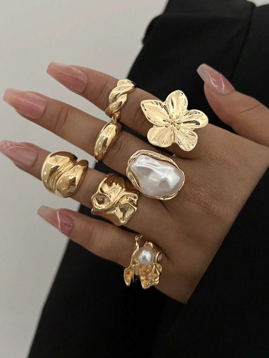 12/7/6/3pcs Set Oversized Textured Floral, Faux Pearl, Asymmetrical Shape, Minimalist Smooth Solid, Colorful Faux Gem, Heart Metal Chunky Rings, Fashion Elegant Vintage Chic Cute Retro Design, Suitable For Holiday, Party, Date, Gift, Daily Wear