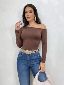 Women's Minimalist Asymmetric Shoulder Long Sleeve Fitted T-Shirt Top, Daily Use, Fall/Winter Festa Junina Festa São João - 鏽棕色 - 查看 2