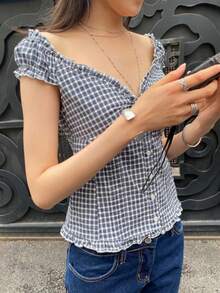 Women's Y2K Fairycore Shirt Top Vintage Cap Sleeve Button Down Ruffle T Shirts Tops Solid Color Slim Fit Frill Tees Summer Blouses Casual Going Out Tops Aesthetic Clothes Streetwear - 水鴨藍 - 查看 4