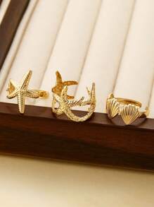 Set de 3 anillos abiertos de estilo vacacional con estrella de mar y conchas, inspirados en el océano y la playa, para fiesta y regalo