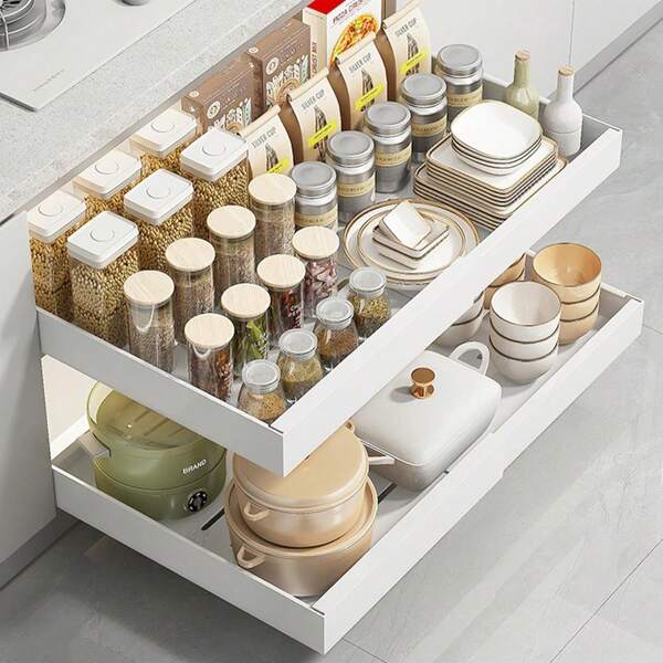 2 Pack Expandable Pull Out Cabinet Organizer, Slide Out Cabinet Organizer Shelves With Adhesive Nano Film, Slide Out Cabinet Organizer Drawer Storage For Kitchen Cabinets, Pantry, Bathroom Storage