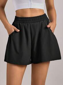 VUTRU 1 件套弹性腰短裤，带口袋，轻便，适合瑜伽工作室健身房夏季 - 黑色 - 查看 7