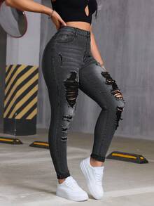 Women's Slim Fit Distressed Jeans, High Waist Sexy Jeans With Pocket Design, Distressed Details And Zipper Closure. This High Waist Slim Fit Light Wash Cotton Denim Jeans Is Suitable For Casual Wear In Spring And Autumn, Also Suitable For Christmas And Other Occasions. - Black - View 4