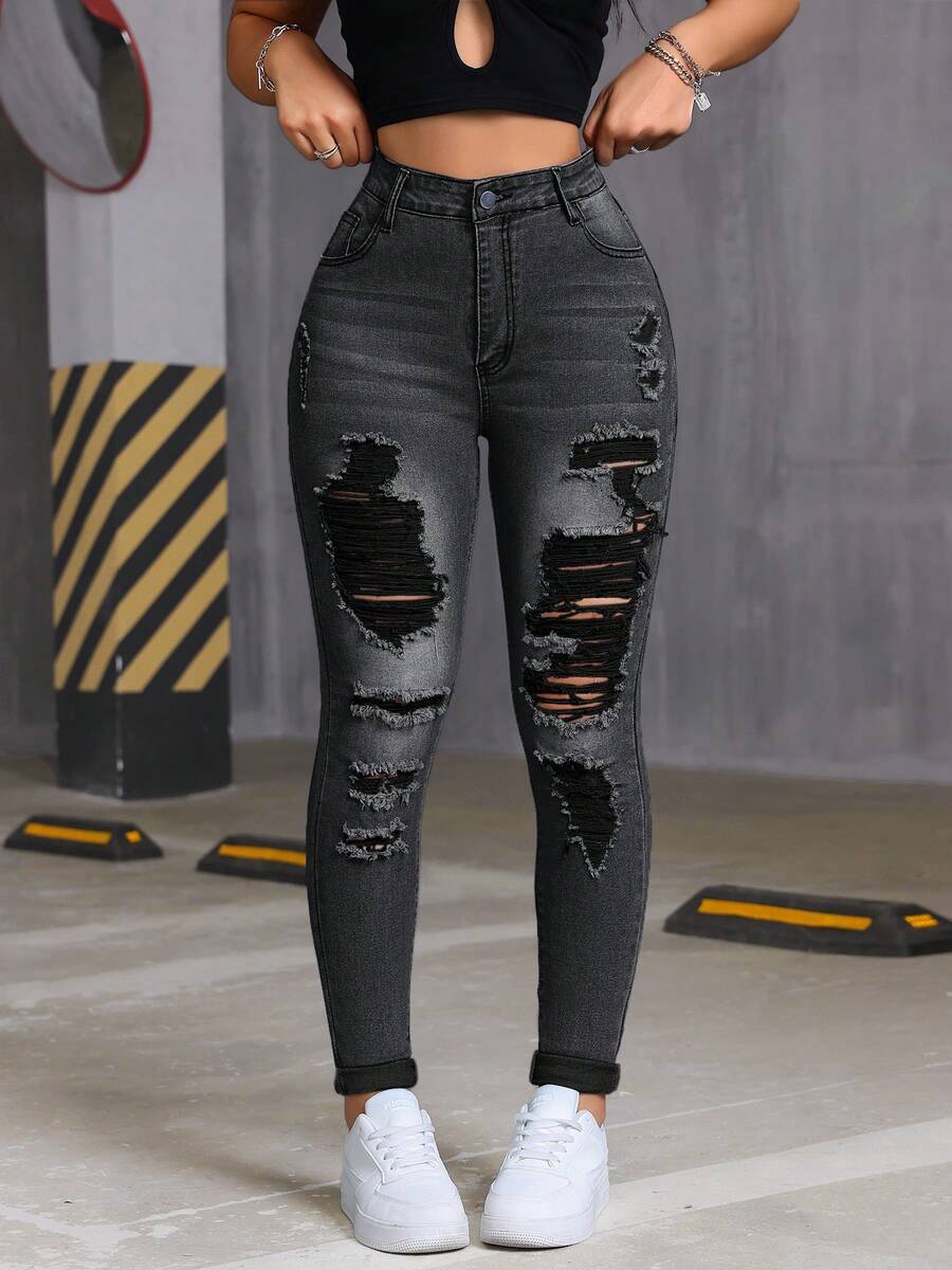 Women's Slim Fit Distressed Jeans, High Waist Sexy Jeans With Pocket Design, Distressed Details And Zipper Closure. This High Waist Slim Fit Light Wash Cotton Denim Jeans Is Suitable For Casual Wear In Spring And Autumn, Also Suitable For Christmas And Other Occasions. - Black - View 1