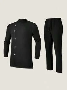 2 件套西装外套和裤子套装，2025 年新款黑色 Dashiki 图案，单排扣设计，纯色，长袖，中式领子，松紧腰裤，非洲风格男装，休闲衬衫和裤子 2 件套，适合商务、派对、约会、婚礼、日常穿着、文化活动