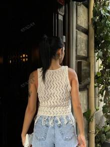 Top de punto sin mangas con abertura y flecos de unicolor informal para mujer