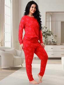 Women's Pajamas Suede Heart Pants And Long Sleeve Winter Top REF:PJCO - 紅色 - 查看 2