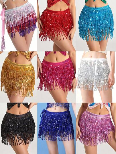 Sequined Tassel Waist Skirt Belly Dance Tassel Waist Chain Bohemian Hip Scarf Skirt New Waist Scarf Sequin Belt, Waist Belt Dance Performance Sequin Performance Costume, Shiny Mini Skirt, Belly Dance Hip-Hop Skirt, Tassel Hip Scarf, Suitable For Festival Belly Dance Hip Scarf, Sequined Tassel Skirt Wrap Skirt, Suitable For Women's Shiny Costumes, Dance Costumes, Beach Music Festival Carnival Party Skirt, For Rave