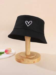 1pc Vintage Solid Color Heart Embroidery Kids Bucket Hat, Outdoor Sports Travel Sun Protection Sunscreen Bucket Hat For Boys And Girls