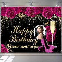 1pc Customized Birthday Backdrop, Pink Champagne High Heels Theme, Customized , Age, Name, Birthday Party Backdrop For Celebration, Anniversary Decoration - Item 3 - View 6