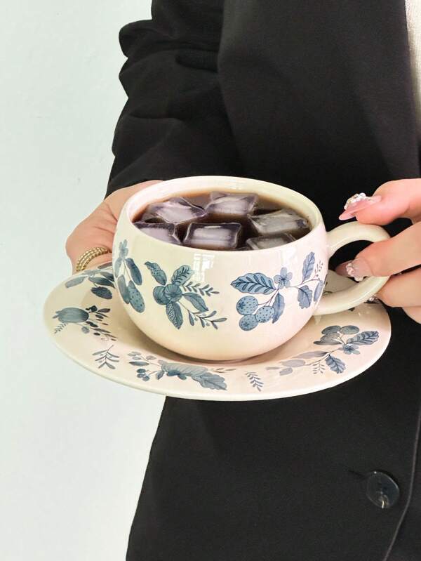 1pc Vintage-Style Blueberry Ceramic Coffee Cup & Saucer, French Ins High-End Household Mug, English Minimalist Afternoon Tea Cup & Saucer, Arabic Coffee Cup, Italian Latte Cup, Suitable For Office, Breakfast Milk Cup, Daily Tea Chat Cup, Can Be Gift For Friends Birthday, Holiday Souvenir