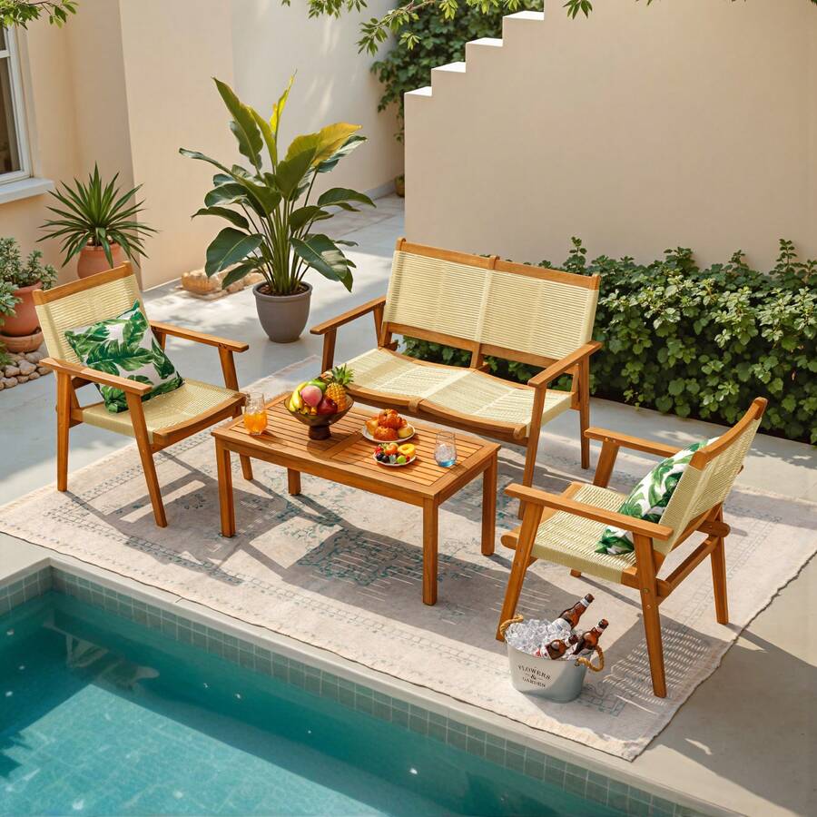 4 Piece Outdoor Patio Furniture Sets Acacia Conversation Set Rope Woven Chairs With Wooden Coffee Table For Garden Lawn Patio Deck - 米色 - 查看 1