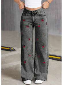 Teen Girl Fashion Streetwear Style, Bow Embroidered Detail, Casual Wide Leg Elastic Waist Jeans