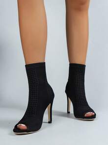 秋冬时尚女款黑色一脚蹬短靴，简约百搭，性感时尚的街头风格派对装，镂空针织踝靴，超高跟，露趾，女靴 - 黑色 - 查看 4