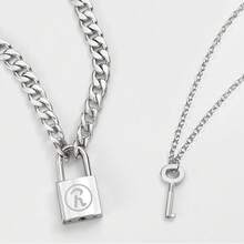 2 件钥匙锁项链嘻哈风格合金银情侣项链适合约会礼物 - 銀色 - 查看 12