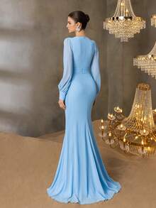 Elisanya 女士优雅交叉V领灯笼袖鱼尾连衣裙 - 精致永恒的设计，适合春夏婚礼、晚宴、红毯伴娘礼服、夏季度假装扮 - 淺藍色 - 查看 3