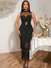 Vestido justo sem mangas com gola alta e franjas em tule, ideal para festas e baladas, encontros românticos, festas em geral, para madrinhas, formaturas, casamentos e volta às aulas. - Preto - Ver 4