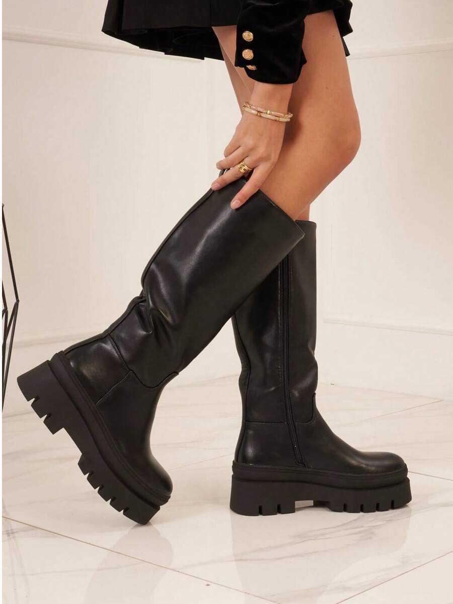 Bottes Hautes à Plateforme Crantée Avec Fermeture Zippée – Style Chunky Moderne - Black - View 1