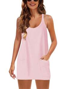 Women's Summer Sleeveless Mini Dress With Built-In Shorts - 粉色 - 查看 5