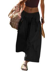 Women's Loose Wide Leg Sweatpants Drawstring Pocket Elastic Waist Kapari Micro Sheer Sexy Hiking Pants - Black - View 1