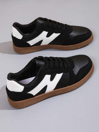 女士休闲运动鞋，多功能时尚平底帆布鞋，防滑系带圆头橡胶鞋底，适合日常穿着，黑色和卡其色拼色，尺码 36-41