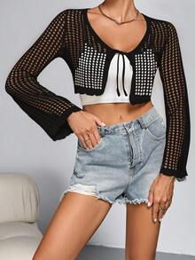 Plus Size Solid Color Short Hollow-Out Knitted Cardigan Black - Black - View 6